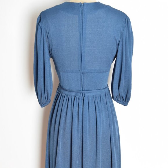 vintage 70s dress navy blue disco surplice deep V midi dress S M - Picture 5 of 7